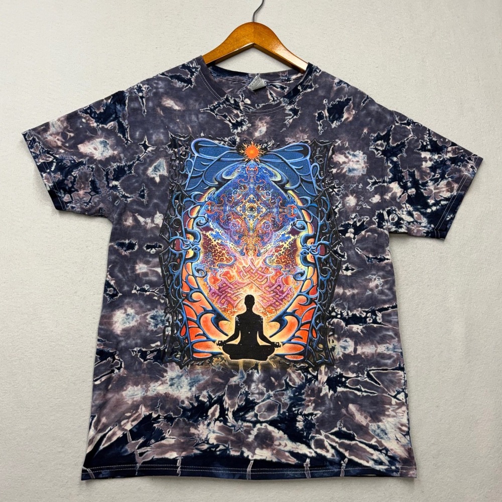Fruit of the Loom T-Shirt M Black Tie Dye Meditation Psychedelic Y2K Graphic